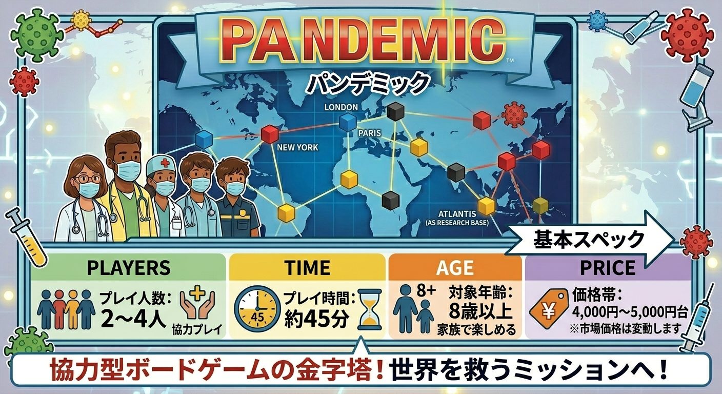 パンデミックというボードゲームの概要について。2人から4人まで遊べる、協力型のボードゲーム